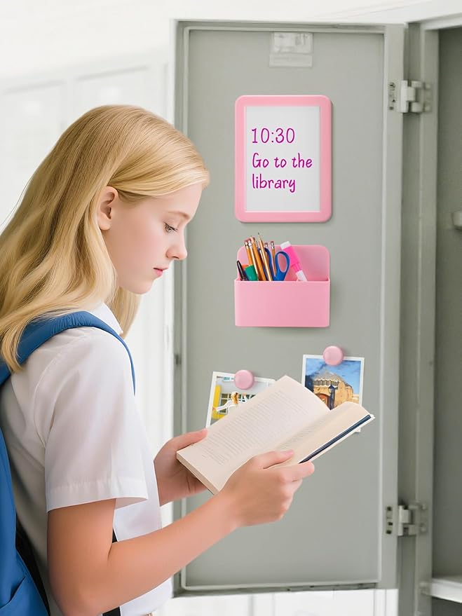 Locker Accessories Kit - 9 Pcs Light Pink Locker Organizer Stuff for Girls, Back to School Supplies Include Locker Rug Magnetic Whiteboard Mirror Dry Erase Marker Holder and More Decor Essentials