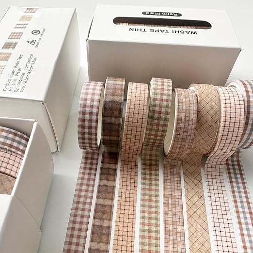 Vintage Washi Tape Set 8 Rolls Thin Retro Decorative Antique Patterns Masking Tapes for Arts, DIY Crafts, Journals, Planners, Scrapbook, Wrapping (Retro Plaid)