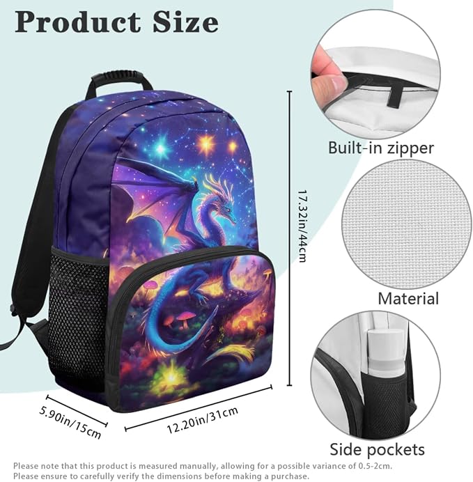 Mushroom Dragon Backpack for Girls Elementary School, Galaxy Space 17 Inches Bookbag with Lunch Box for Kids Age 6-8 Back to School, Lightweight & Large Capacity