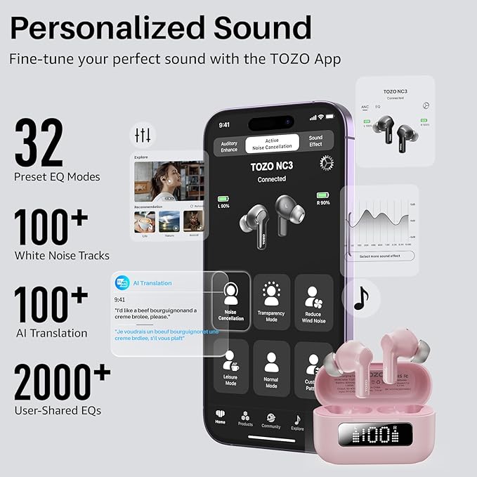 TOZO Hybrid Active Noise Cancelling Wireless Earbuds with 6 Mics AI Clear Call Ear Buds 68H Playtime with LED Display 32 Preset EQs via APP Bluetooth 5.3 IPX8 Waterproof in Ear Headphones