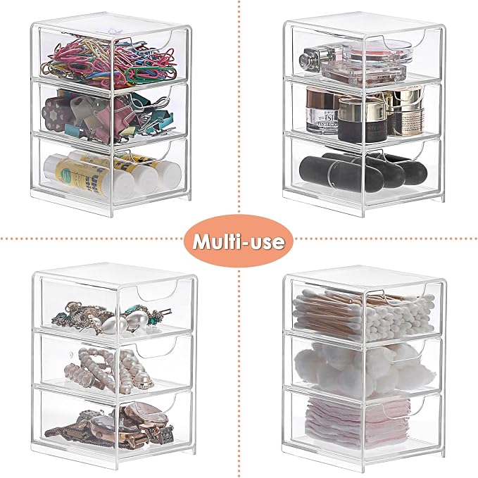 BTSKY 1 Pack Small Acrylic Storage Organizer with Drawers, 3-Layer | Clear Desktop Organizer for Office Supplies Mini Storage Box with Drawers for Desk, Desktop Makeup Drawer Jewelry Storage Box