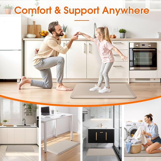 TranquilRelax Kitchen Mat, Cushioned Thick Floor Comfort Mat, with Non-Slip Bottom, Waterproof & Stain Resistant & Easy Clean, Standing Desk Mat for Kitchen, Sink, Office (17.3''x28'', Khaki)