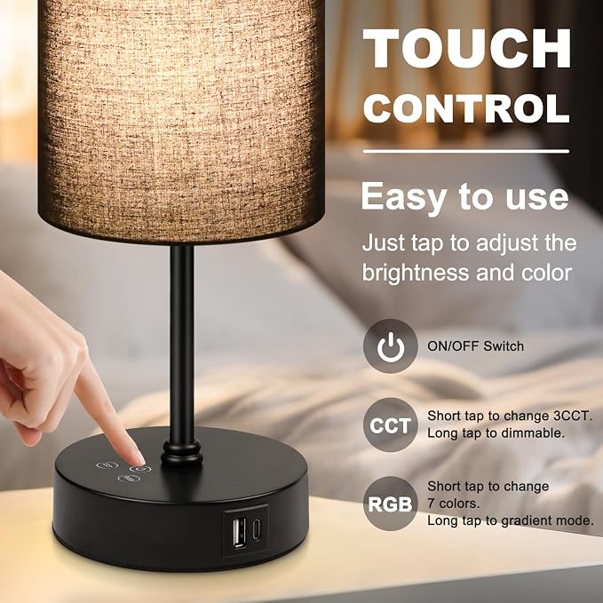 Unicozin Table Lamp for Bedroom, 3 Color Temperatures, 7 RGB Colors, Adjustable Brightness, Dual USB Charging Ports, Ambience Nightstand Light with Black Shade, Desk Lamp for Kids Reading Home Office