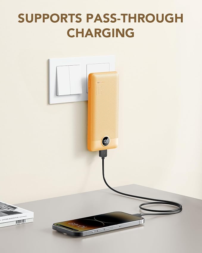 Portable Charger Built-in Cables and AC Wall Plug,VRURC Power Bank 10000mAh | Travel Battery Phone Charger Compact Lightweight External Battery Pack for Smart Phones, Tablets - Orange