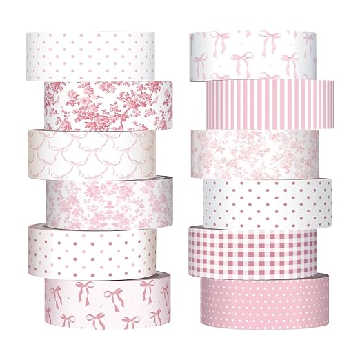 12 Rolls Watercolor Floral Washi Tape Set 15 mm Vintage Flower Decorative Masking Tape for Summer School Arts DIY Craft Scrapbook Journal Supplies Gifts(Pink,Bows and Polka Dots)