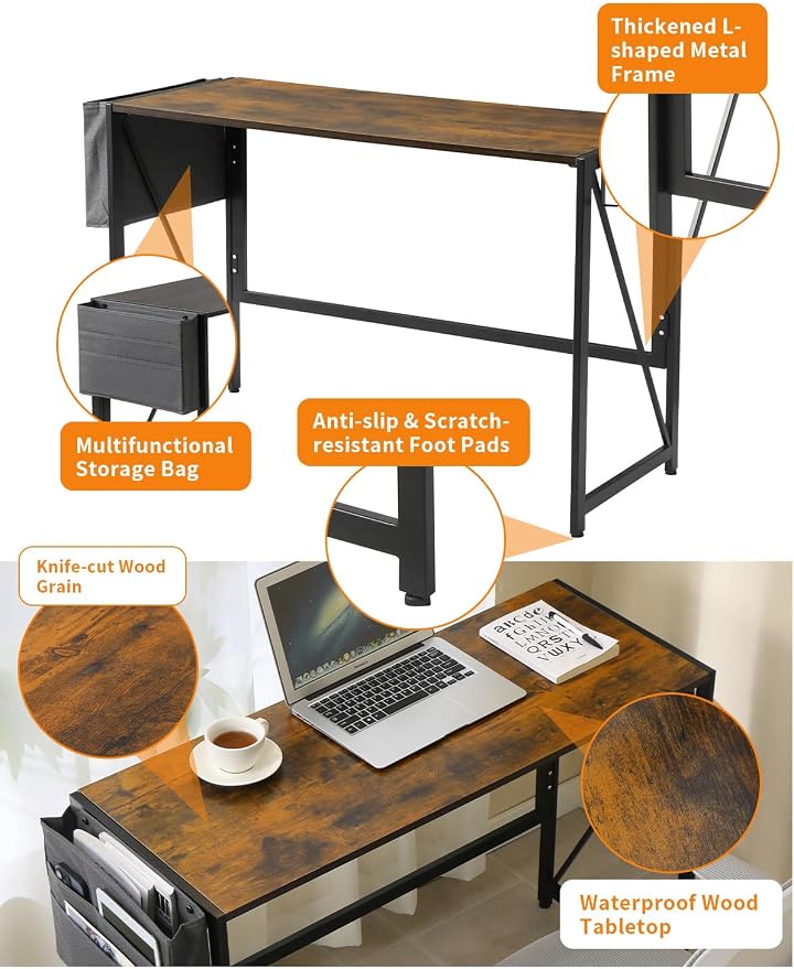 Elephance Modern Foldable Writing Computer Desk for Home Office, No-Assembly Study Office Desk Table for Small Spaces, Rustic Brown, 31.5 Inch