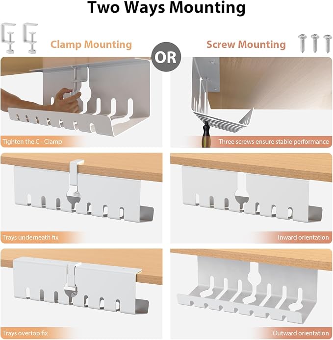Syeeiex Under Desk Cable Management, Cord Organizer, White, 17inch, 2 Set | No-Drill C-Clamp and Screw Mount, Metal Cable Management for Office Home Workspace, Cord Management with 10 Cable Ties