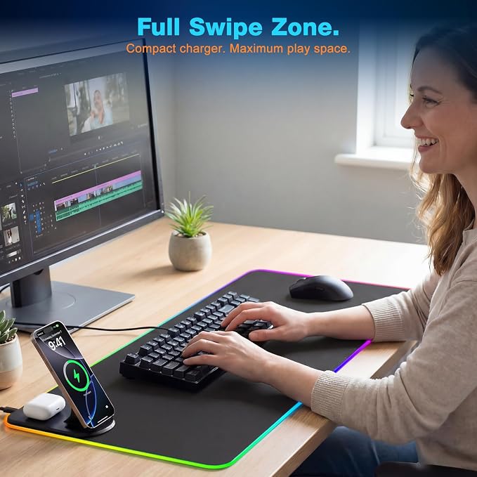 Gaming Mouse Pad Wireless Charging - Desk Mat Magnetic Foldable Phone Stand 15W Fast Charge, RGB Extended Large Keyboard Mousepad - PC Laptop Desk Pad for Work Game (Adapter Not Included)