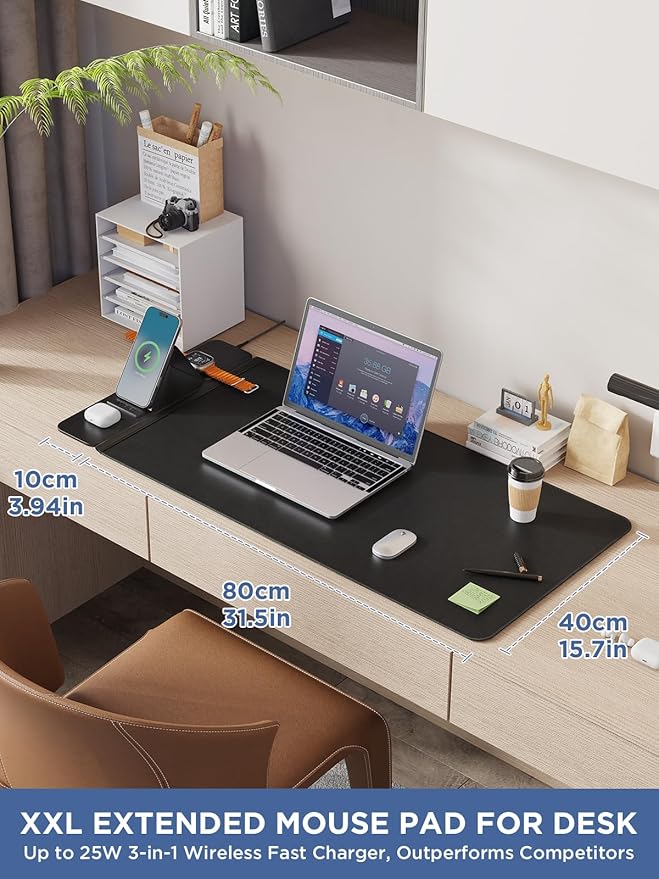25W Wireless Fast Charging Mouse Pad with Foldable Phone Holder, 2nd Gen 3-in-1 Wireless Charging Desk Mat (Leather Mat-25W Fast Charging Stand & Coasters)