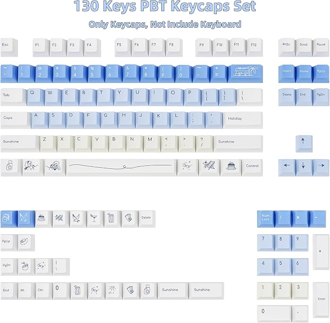 White & Blue PBT Keycaps, Cherry Profile Dye-Sublimation Keycap 130 Keys for 60%/65%/75%/100% Cherry MX Switches Mechanical Keyboard
