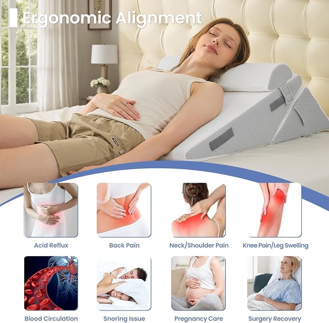 Sasttie Adjustable Wedge Pillow Set for After Surgery, Light Grey & White | Bed Wedge Pillow Headboard with Memory Foam Neck Cushion, for Acid Reflux, Sleeping, Neck & Back Support