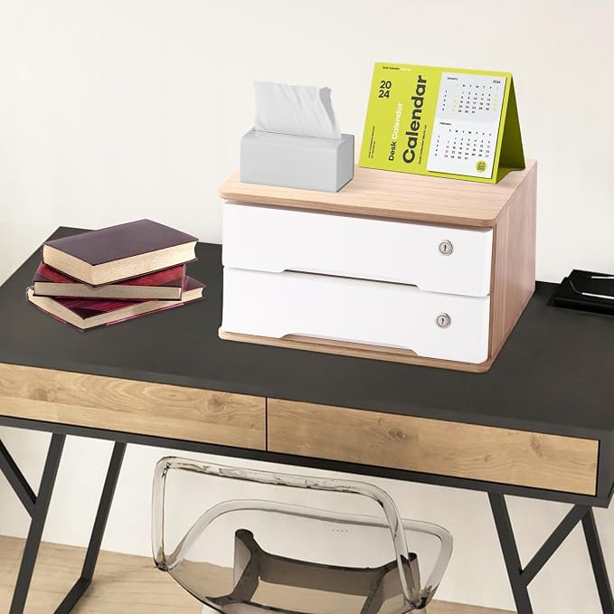 2-Tier Desktop Storage Box with Lockable Drawer, Wooden Desk Organizer for Office Supplies, Flat File Cabinet, Minimalist Design for Home & Office Use(Original Wood+White)
