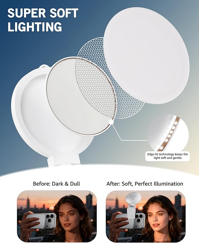 NiceVeedi 3 Color Soft Selfie Light Phone Light with Clip, Portable Edge-lit Ring Light, Rechargeable Video Conference Lighting for iPhone/Selfies/Makeup/Live Streaming/TikTok/Vlog/Zoom/Video Calls