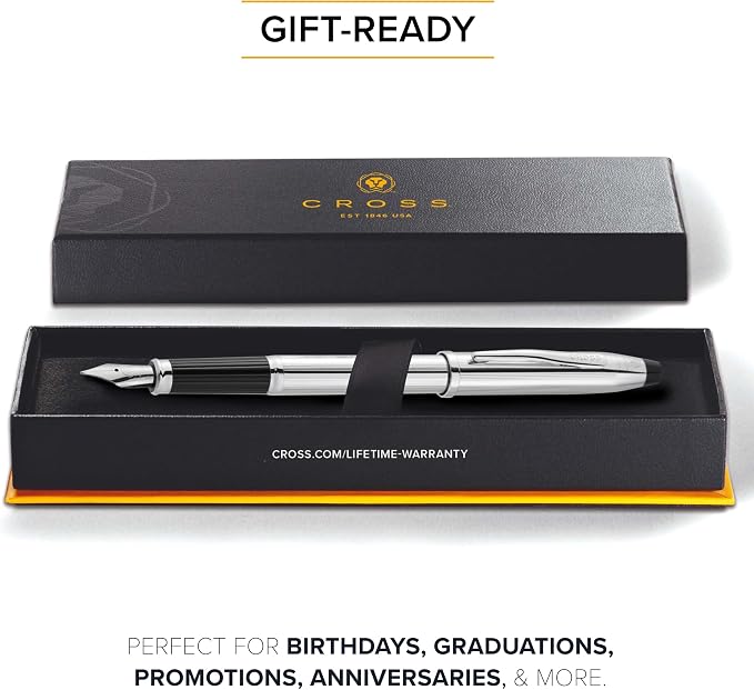 Cross Century II Lustrous Chrome Medium Nib Fountain Pen - Professional Pen for Everyday Use - Smooth Writing - Comfortable Grip - Black Ink - Durable Construction - Includes Gift Box