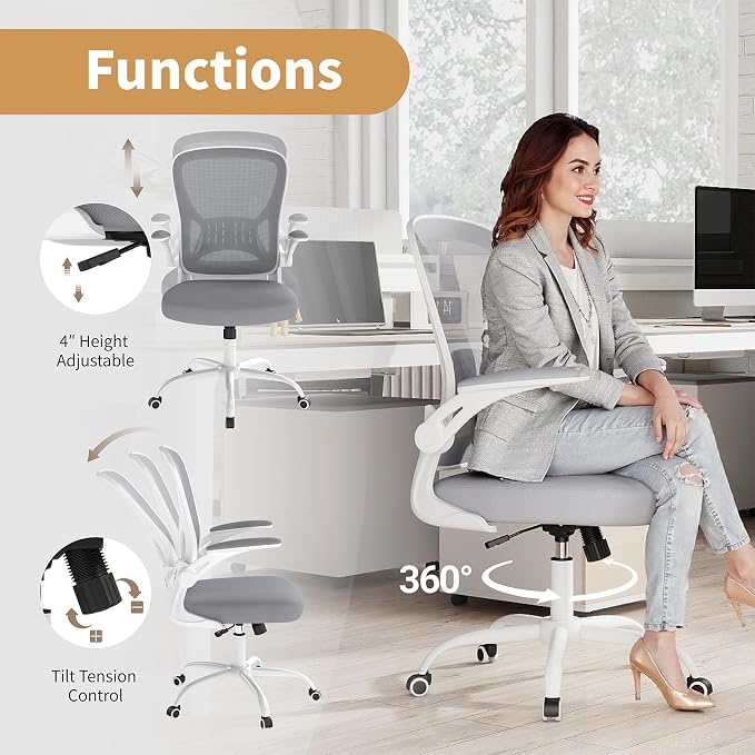 Youhauchair Adjustable Mesh Ergonomic Office Chair with Wheels, Grey | Flip-up Arms, Lumbar Support, Home Desk Chair, Height Adjustable, Breathable, Mid Back Swivel Compurter Chair, Set of 1
