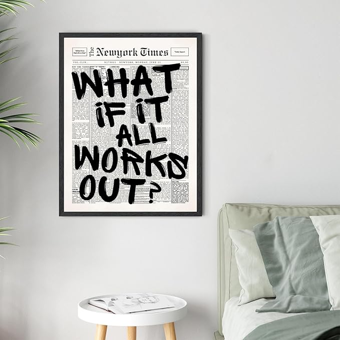 Vintage Black And White Newspaper Wall Art What If It All Works Out Canvas Poster Positive Affirming Quote Minimalist Prints Painting for Home Bedroom Living Room Wall Decor 8x10inch Black frame