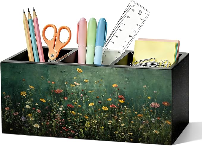 Moody Floral Pen Pencil Holder for Desk, Desk Pen Organizer Dark Green Wildflower Botanical Green Wooden Office Pencil Cup for Home Room Office Bedroom Desk Accessories Tabletop Decorations