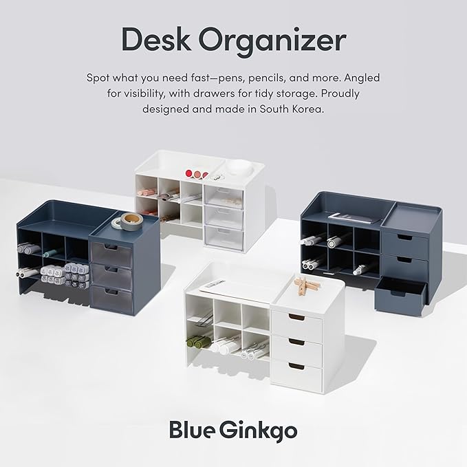 Blue Ginkgo Stackable Desk & Pen Organizer, White, Made in Korea | Multi-Compartment. 3 Transparent Drawers. Easy Access.