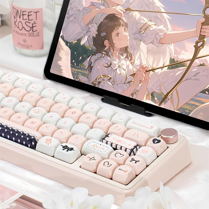 Cute MOA Keycaps,Gradient Pink-Cupid Kawaii Round Keycaps Custom 114 Keys Keycap Set Thick PBT Keycap for Cherry MX Switch 75% 60% Mechanical Gaming Keyboard Creamy Key Cap