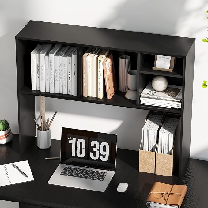 Tangkula Desktop Bookshelf, Countertop Storage Hutch with 4 Shelves for Computer Desk, Desktop 2-Tier Display Rack, Multipurpose Wood Desk Hutch Storage Organizer for Dorm Office Home (Black)