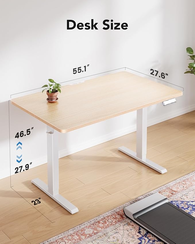 HUANUO 55 x 28 Inch Electric Standing Desk, Height Adjustable Computer Gaming Desk with 4 Memory Presets, Home Office Sit Stand Desk with Hooks & Cable Management, Natural