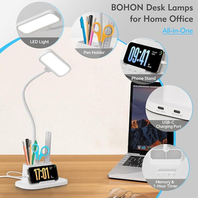 BOHON Desk Lamp for Home Office Reading Light with USB Charging Port White | Small Desk Lamps with Pen Holder, 5 Color Modes 5 Brightness, Touch Gooseneck LED Table Lamp for Dorm Room Essentials Study