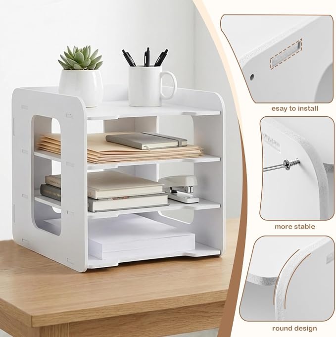 Desk Organizer, 4-Tier File Organizer for Desk, Letter Tray Paper, Desktop Document Sorter for Letter, File Folder Holder with Pen Holder for Office, Home or School- White MLT001W4