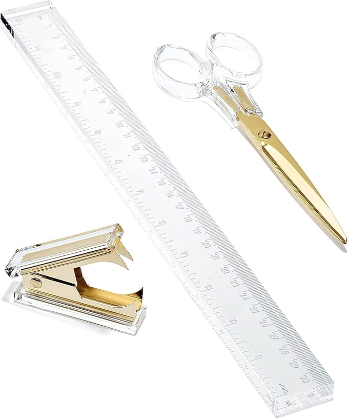 3-Piece Acrylic Desk Set, Clear with Gold Metal | Ruler, scissors, and staple remover set, Functional and elegant desk accessories, Stationery tools for office, and school