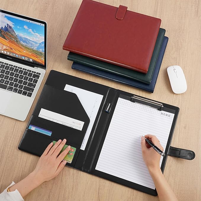 Faux Leather Portfolio with Clipboard – A4/Letter Size Legal Pad Holder, Resume Organizer and Writing Folder, Professional Business Conference Office Padfolio(Blue)