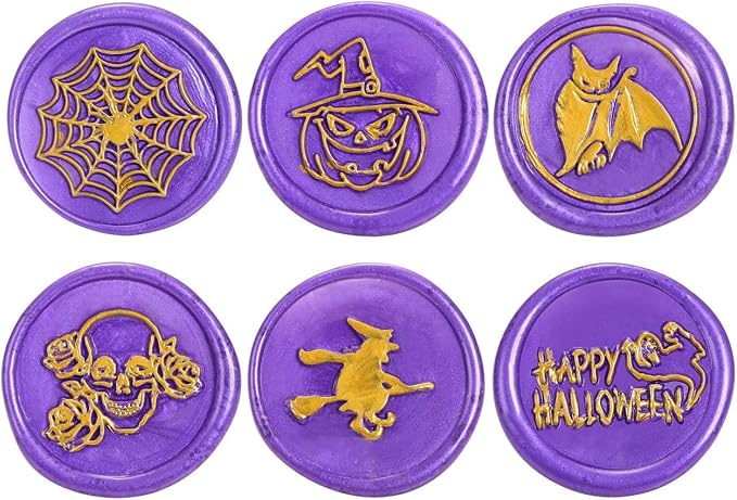 Yoption 6 Pcs Wax Seal Stamp Set, Halloween Sealing Wax Stamps Kit, Wooden Handle with Brass Head for Halloween Invitation Gift Cards