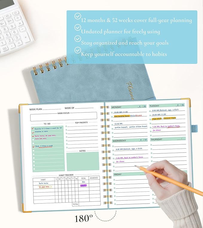 Undated Weekly Planner, Hardcover Leather Weekly & Monthly Calendar Blank Planner, To Do List Notebook with Goal & Habit Tracker Organizer, A5 Daily Planner with Spiral Binding, Ideal for Work School Home, Blue