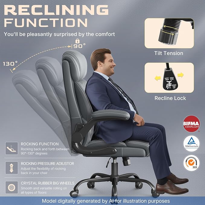 Office Chair-Executive High Back Breathable Big and Tall Office Chair Flip-up Armrests Lumbar Support-Ergonomic Leather Rolling Swivel Chair with Rock Function for Working Studying Gaming,Gray