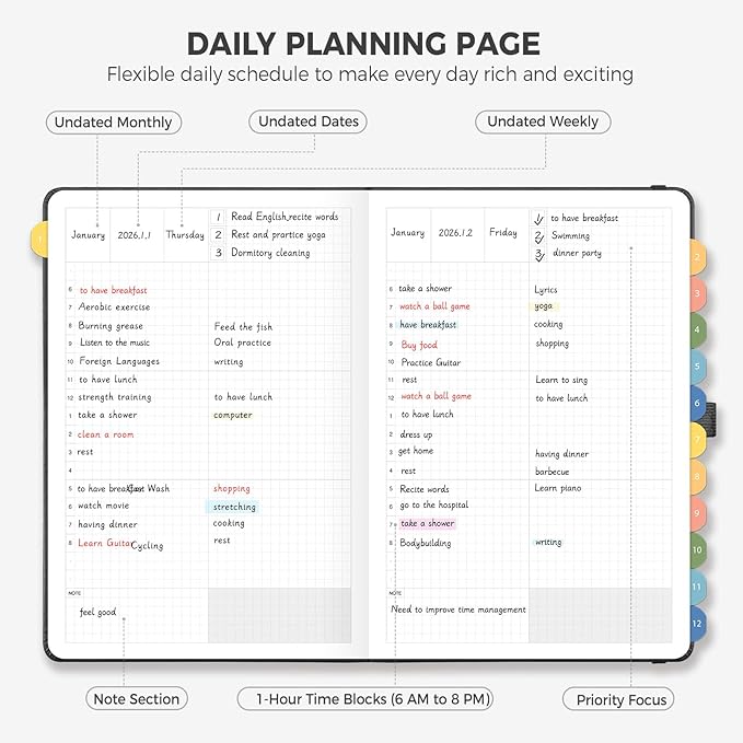 Daily Planner Undated, Appointment Book for Hourly, Daily and Monthly, 365 Days, One Page a Day, Medium Size (5.7" x 8.3"), Leather Hardcover, 12 Self-adhesive Monthly Tabs (Black)