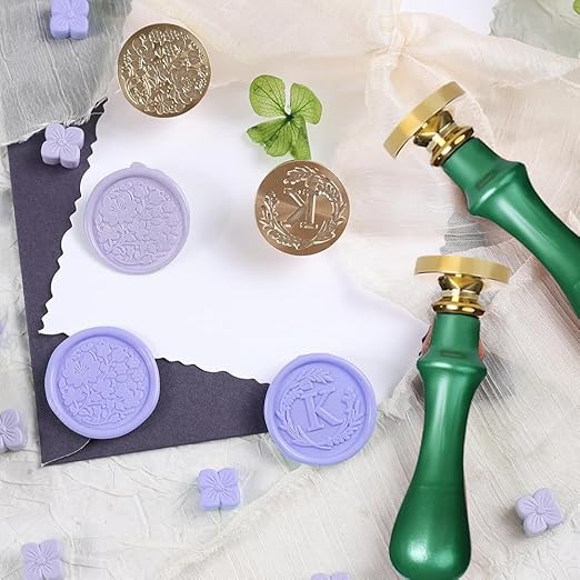 Elegant Initial K Wax Seal Kit,2pcs Exquisite Brass Stamp Heads with Eucalyptus & Flower Designs Ideal for Wedding Invitations Gift Wraps Envelopes and Christmas Cards (Alphabet K Kit)