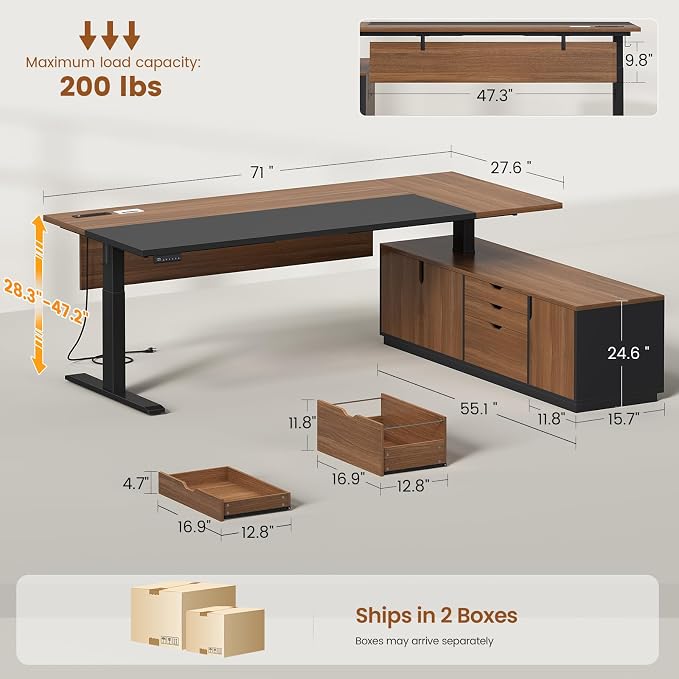 SEDETA Executive L Shaped Electric Standing Desk, 71" Height Adjustable Executive Desk with 3 Drawers and Cabinet, Sit Stand Up Home Office Desk with Power Outlets & Side Hook, Brown