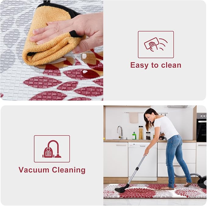 KIMODE Anti Fatigue Kitchen Mats for Floor 2PCS Cushioned Standing Mats | 17"x47"+17"x29",Dahlia Floral,Red, Farmhouse Floor Mats set of 2,Non Slip,Waterproof,Comfort Mat for Sink Office Laundry home