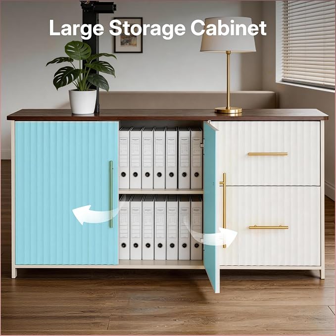 NORTHSKY 55" L Shaped Electric Standing Desk with Drawers and Storage Cabinet, Adjustable Height Corner Desk for Home Office, Brown Wood Grain and Distressed White Fluted Design