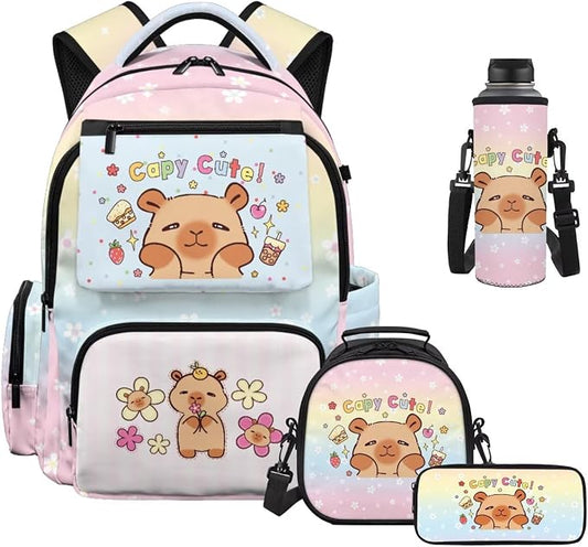 WELLFLYHOM Capybara Milk Tea Backpack for School Kids Girls 7-8 4PCS Book Bag with Lunch Bag Pencil Case Waterbottle Sleeve Back to School Supplies