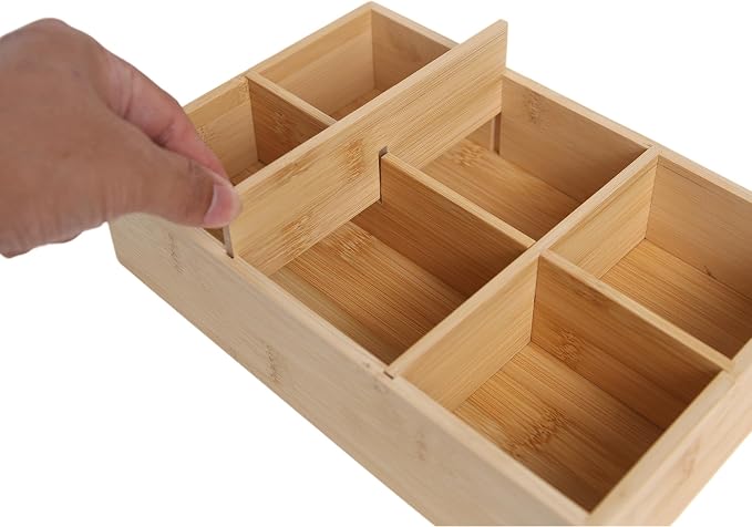 2 Pack Bamboo Desk Organizer with Adjustable Dividers | Modular Wooden Storage Trays, Kitchen, Bathroom, Vanity Office Desk, Decluttering Solution, Makeup, Jewelry Office Supplies
