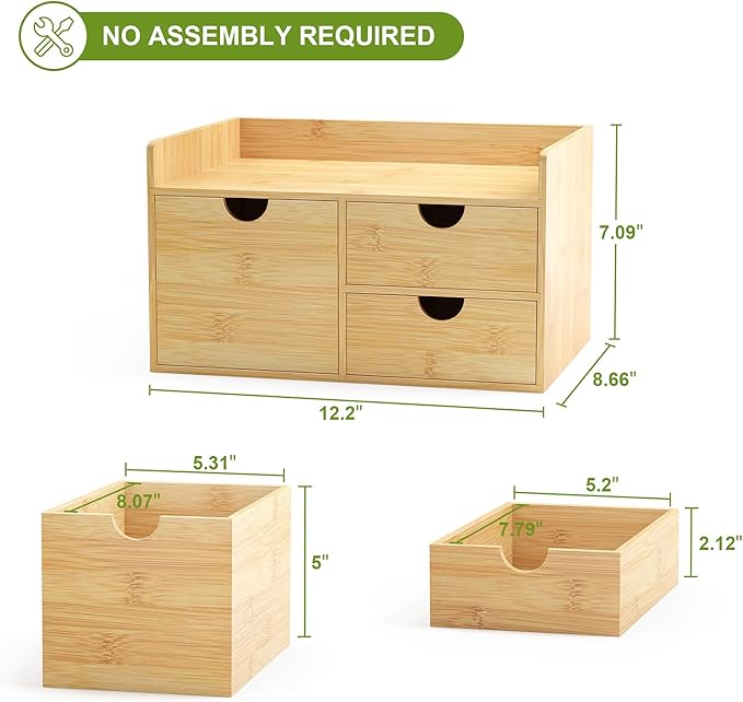 Wisuce Desk Organizer with Drawers - Bamboo Desktop Organizer Storage Natural Wood Desk Drawers Organizer for Bills, Office Supplies, Cosmetics, Seals No Assembly Required 3 Drawers（left-right)