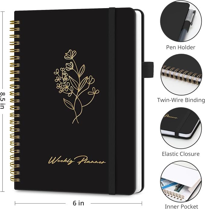 Taja Undated Weekly Planner, Weekly To Do List Notebook with Goal & Habit Tracker Organizer, A5 Weekly Planner Notebook with Spiral Binding, 6.1" x 8.2" - Black