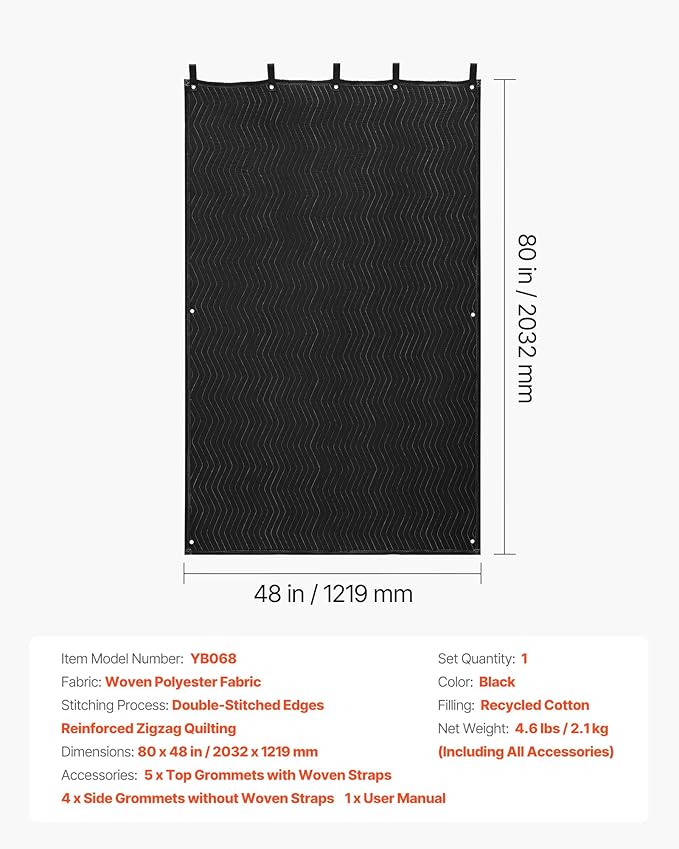 VEVOR Sound Dampening Blankets, Soundproof Curtains with 80 x 48 in, Soundproof Blanket with Grommets, Studio Grommeted Blanket, for Window, Door, Light Blocker, Music Recording, Black