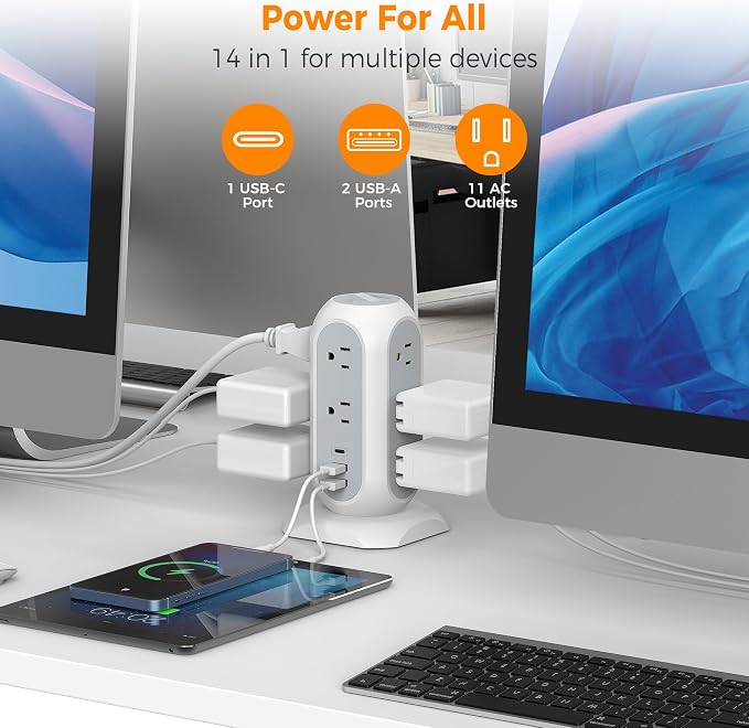 TESSAN Tower Power Strip Flat Plug with 11 Outlets 3 USB (1 USB C), Surge Protector Tower 1625W/13A,1050J Protection, 15 Feet Extension Cord with Multiple Outlets, Dorm, Office Desk Supplies, Grey