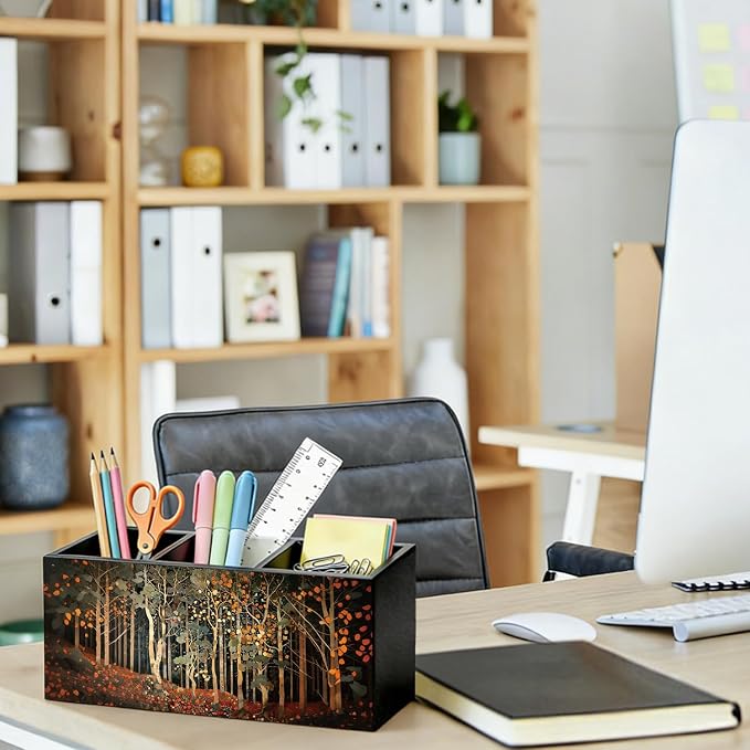 Vintage Forest Landscape Pen Pencil Holder for Desk, Dark Cottagecore Inspired Forest Wooden Box Sign Organizer for Home Office Bedroom Desk Accessories Tabletop Decorations