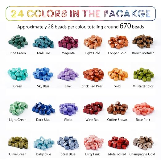 Metallic Assorted Color Seal Beads - 24 Colors for Making Wax Seals, Decor for Envelope, Letter, Wedding Invitation and Sealing Wine Bottle