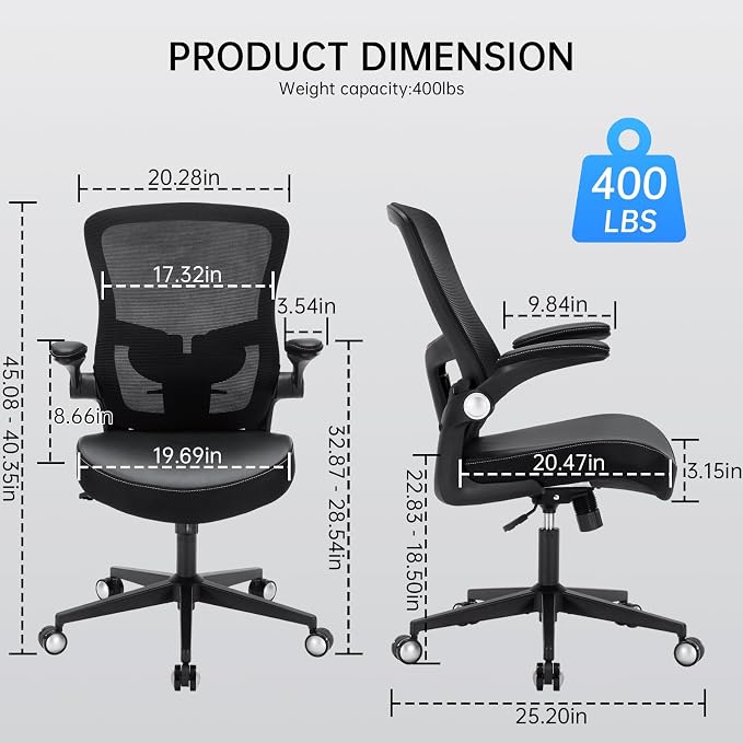 Office Chair-400lbs, Ergonomic Heavy Duty Office Desk Chair with Adjustable Lumbar Support Breathable Mesh Computer Chair with Flip-Up Armrests, Comfy Home Office Desk Chair for Heavy People