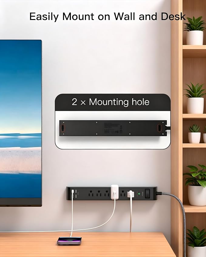 Flat Plug Extension Cord, Surge Protector Power Strip 15FT, 10-in-1 with 6 AC Outlets 4 USB Ports(2 USB-C), Extension Cord with Multiple Outlets, Wall Mountable, 1080J Surge Protection, Black