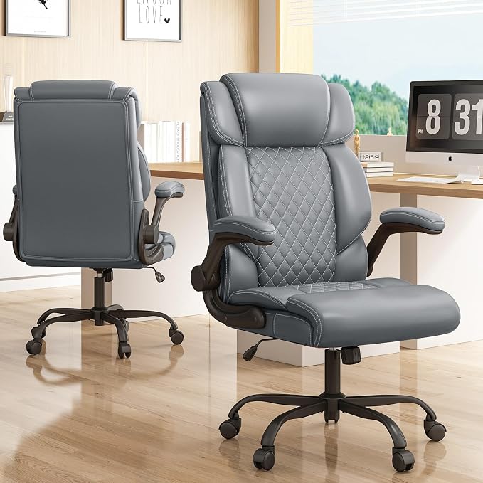 Office Chair-Executive High Back Breathable Big and Tall Office Chair Flip-up Armrests Lumbar Support-Ergonomic Leather Rolling Swivel Chair with Rock Function for Working Studying Gaming,Gray