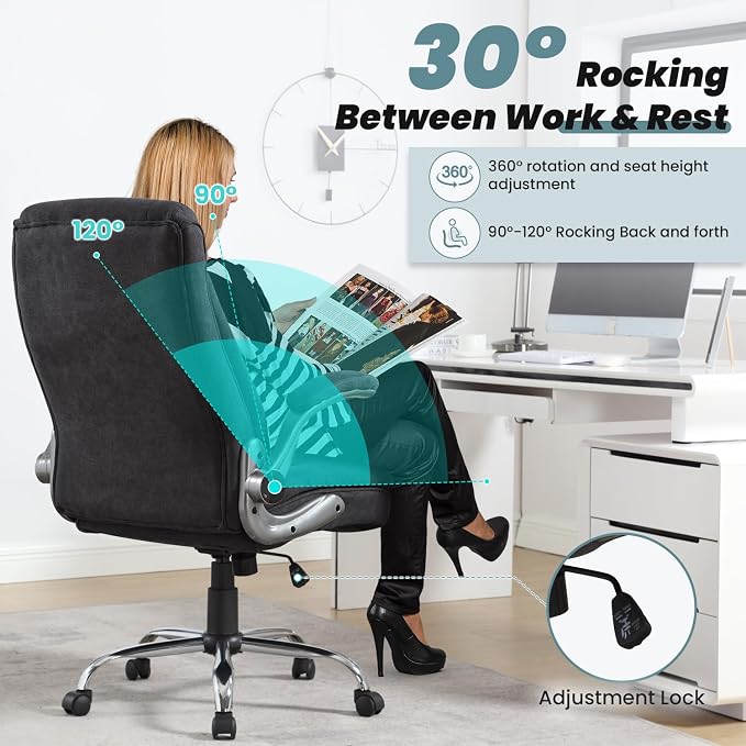 Big and Tall Office Chair 550lbs Heavy Duty Executive Fabric Office Chair with Adjustable Height, Flip-Up Armrests, Wide and Thick Seat Cushion, Comfy Chair for Heavy People, Ideal for Office Work