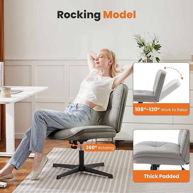 Sweetcrispy Armless-Office Desk Chair Without Wheels, Cross Legged Wide Chair, PU Leather Comfortable Adjustable Swivel Computer Task Chairs for Home,Office,Make Up,Small Space,Bed Room Grey
